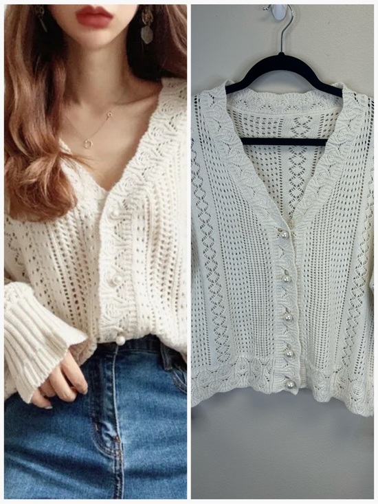 Sweaters - Cottagecore Feminine Size L Open Knit V-Neck Cardigan Sweater Pearl Buttons Boho